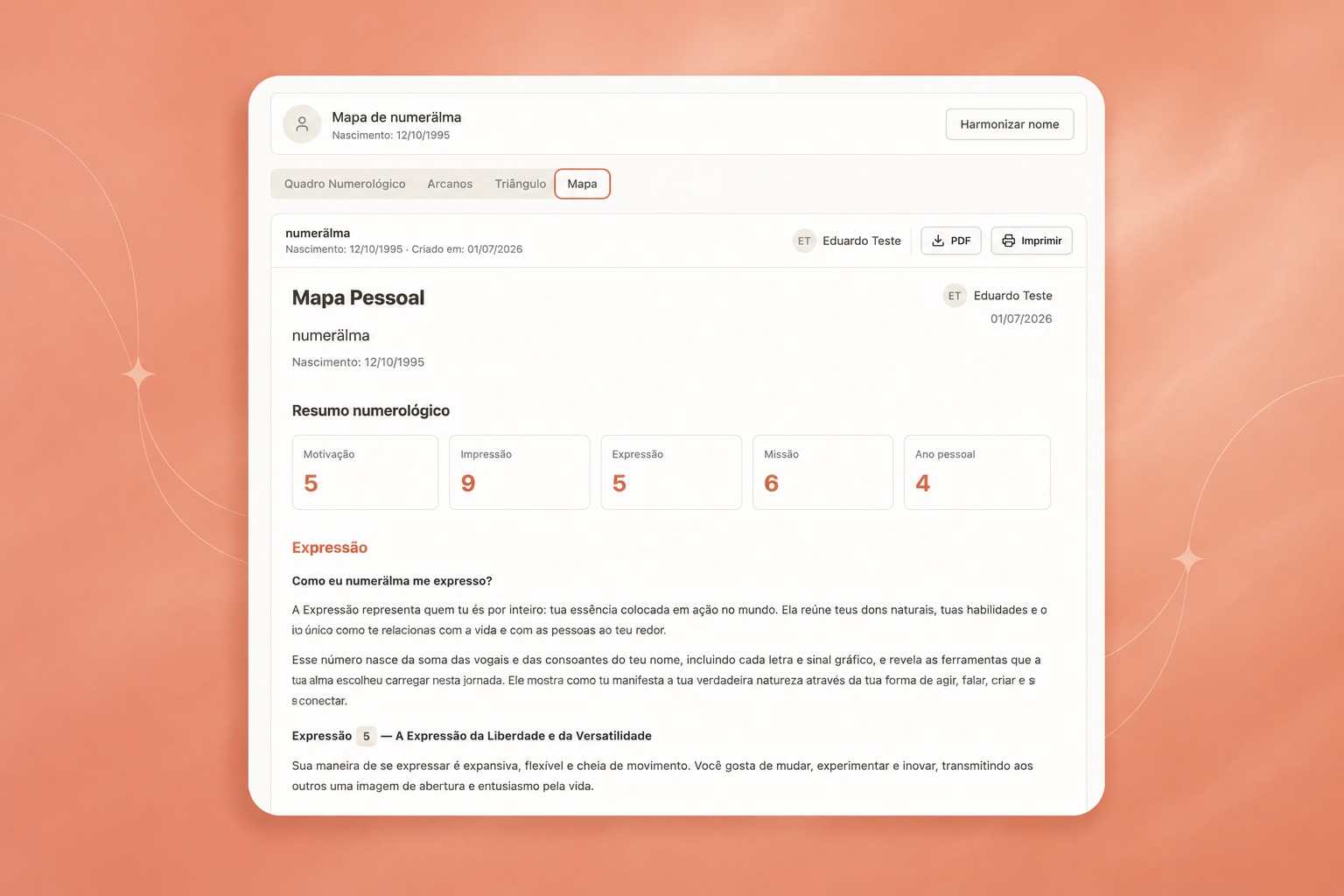 Quadro Numerológico do Mapa Pessoal na numerålma — nome convertido em números, contagem das letras, motivação, impressão, expressão, ciclos de vida, momentos decisivos e aniversário.