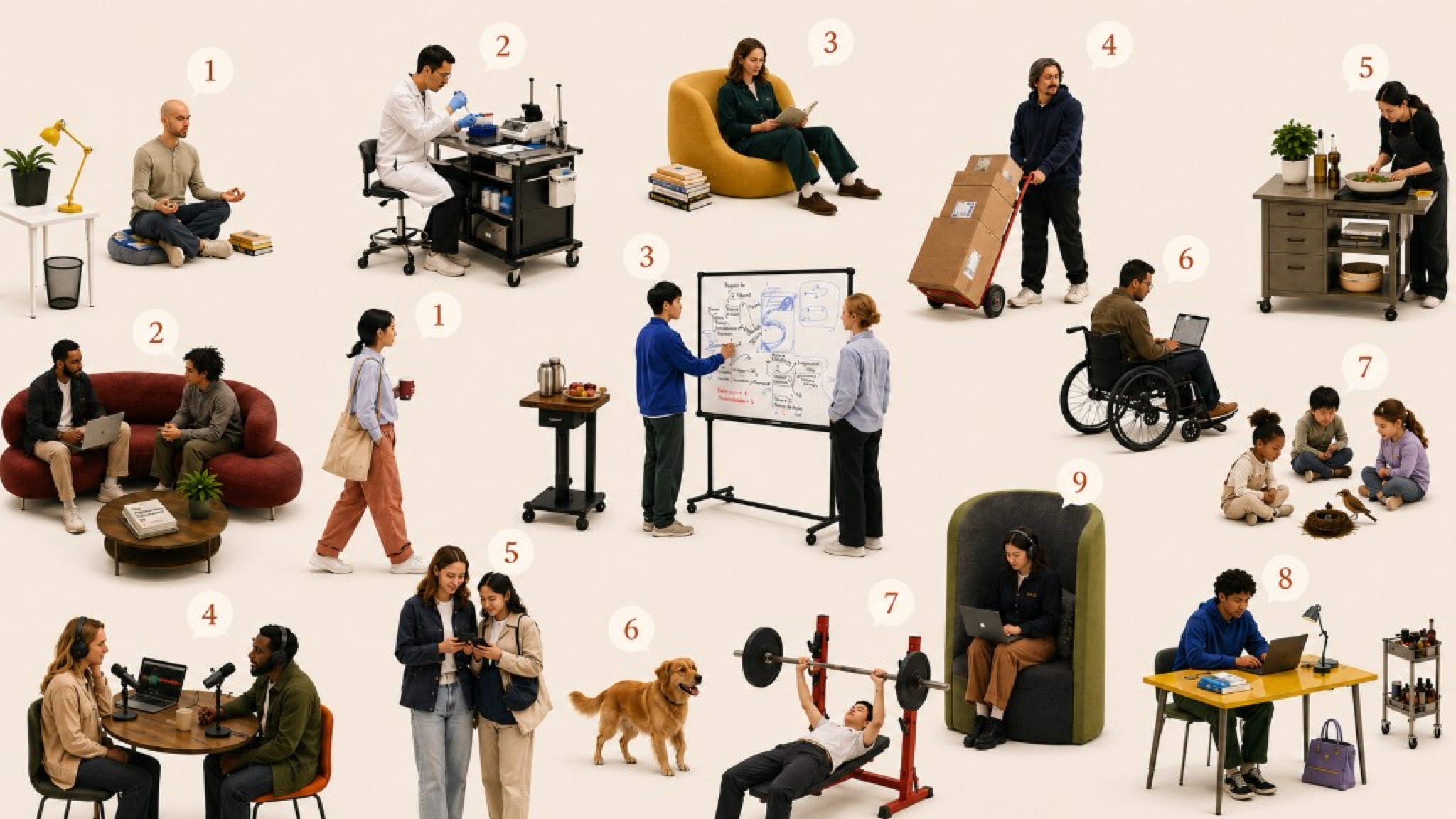 Colagem de cenas da vida cotidiana — trabalho, estudo, família, saúde e lazer — com os números de 1 a 9 representando diferentes aspectos numerológicos.